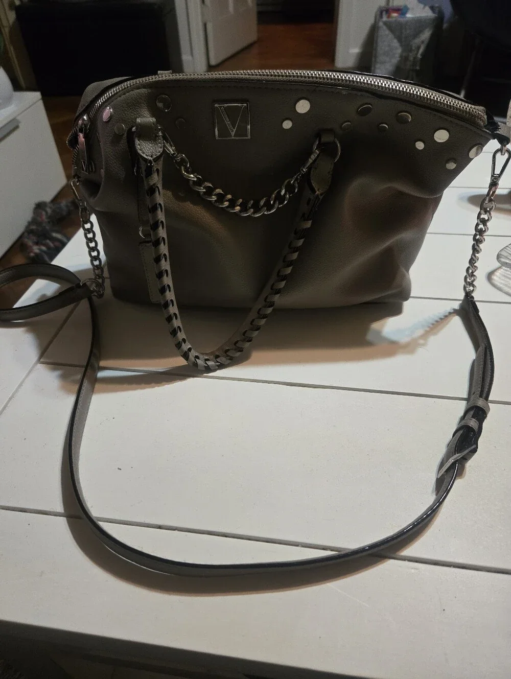 Taupe Leather Satchel with Chain Detail Nwot Victoria Secret Cross Body/ Shoulde